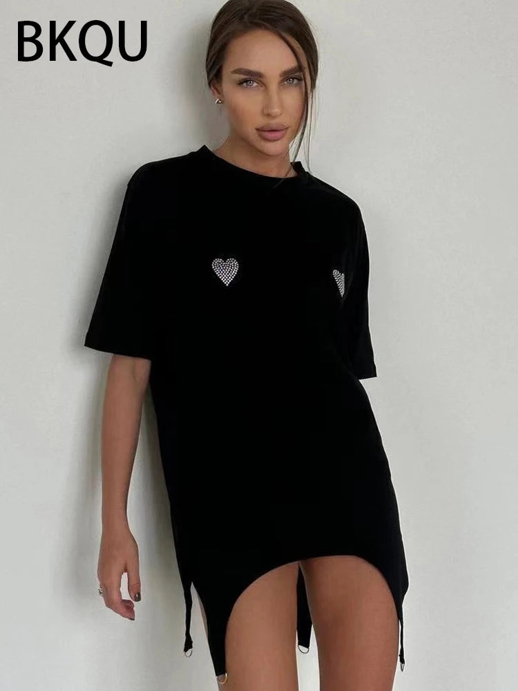 BKQU Rhinestone Loose T-Shirts Women 2024 Irregular Short Sleeve O-neck Fashion Tees Pullovers Hot Diamond Female Y2K Streetwear