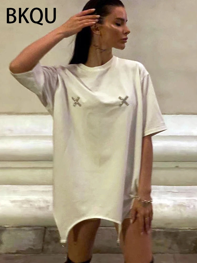 BKQU Women T-Shirts Oversized Short Sleeve Rhinestone Tees Pullovers Fashion Irregular O-Neck Diamond Loose T Shirt Harajuku Top