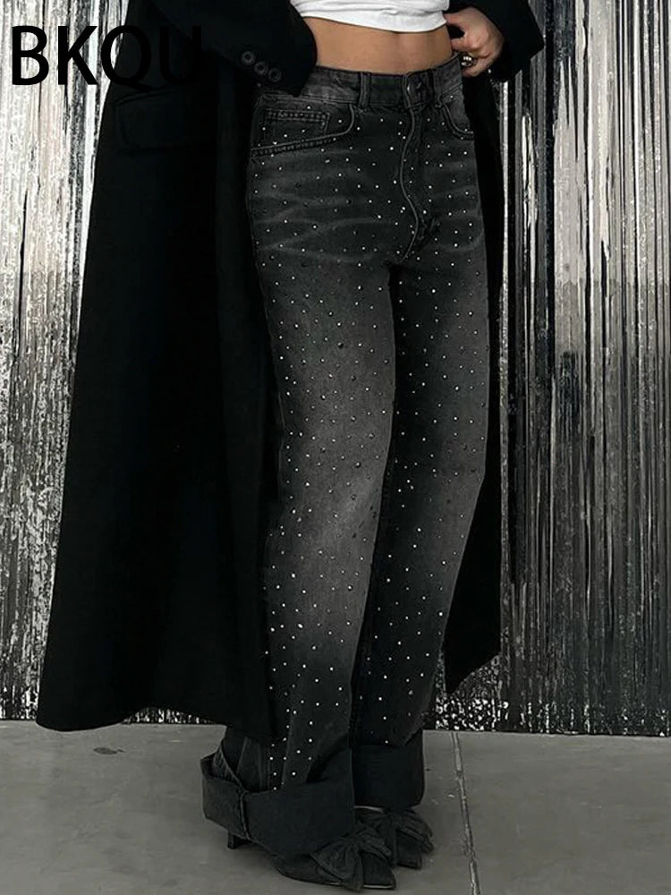 BKQU 2024 American Wide Leg Jeans Women Black High Waist Straight Diamond Rhinestone Baggy Denim Long Pants All-match Streetwear