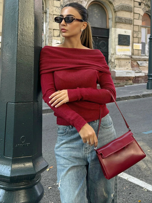 BKQU Knitted Off Shoulder T-Shirts Women Elegant Solid Long Sleeve Pullover Tops Autumn Winter Chic Ruched Ladies Slim Tees 2024