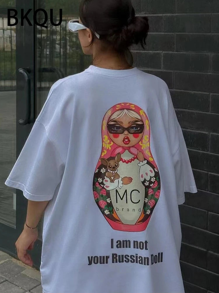 BKQU Cartoon Graphic Printed T Shirt Women Ripped Half Sleeve O-neck Tee Shirts Letter Loose Oversized y2k Pullovers Streetwear