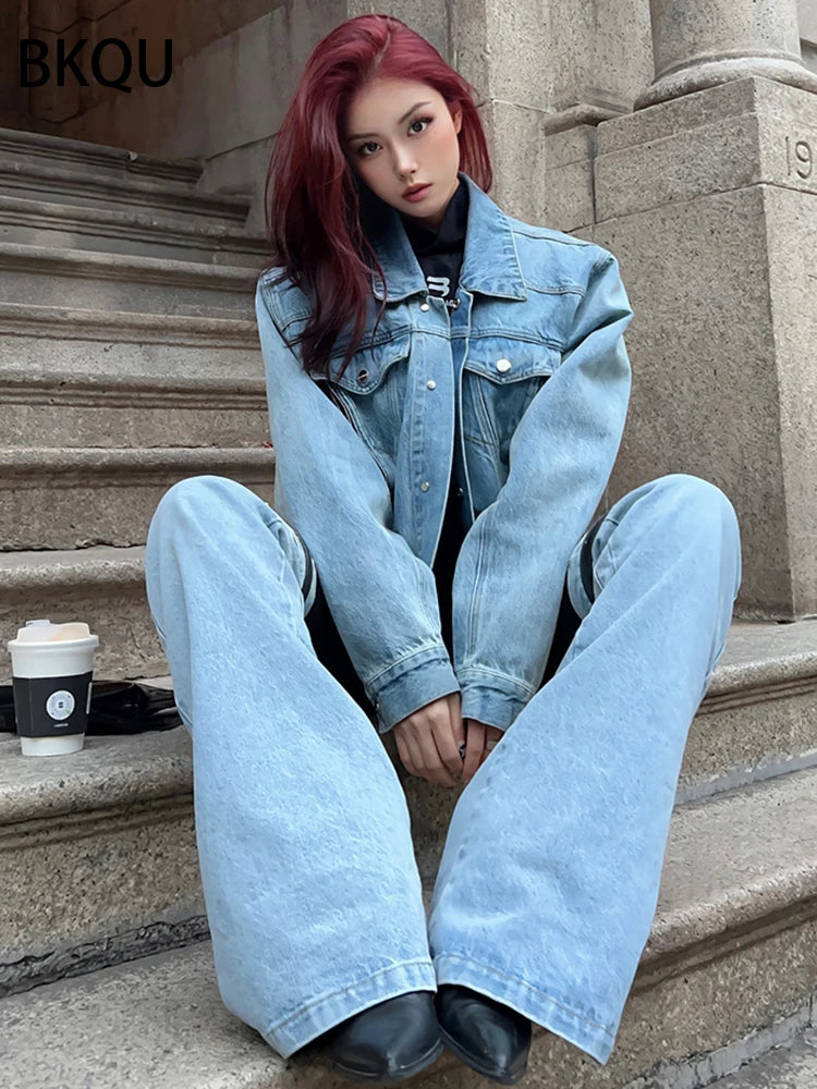BKQU Patchwork Women's Jeans High Waist Straight Denim Long Wide Leg Jeans Fashion Chic Elastic Waist Streetwear Denim Pants Y2K