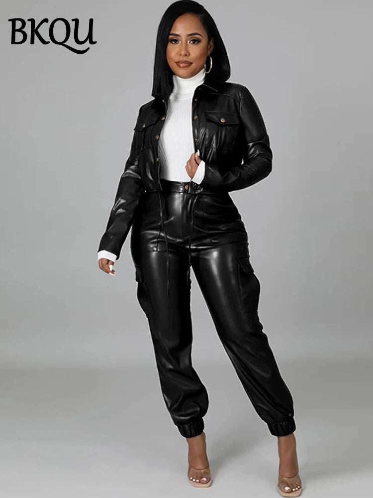 BKQU Women Pants Sets PU Leather Single Breasted Coat High Waisted Pockets Slim Pencil Pants 2 Piece Sets Fashion Winter Outfits