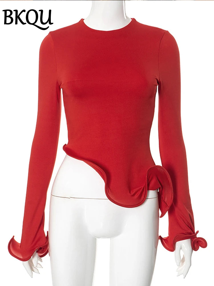 BKQU Elegant Ruffles Women Long Sleeve T-shirt Slim Round Neck Flare Sleeve Crop Tops Autumn Fashion High Street Y2k Pullovers