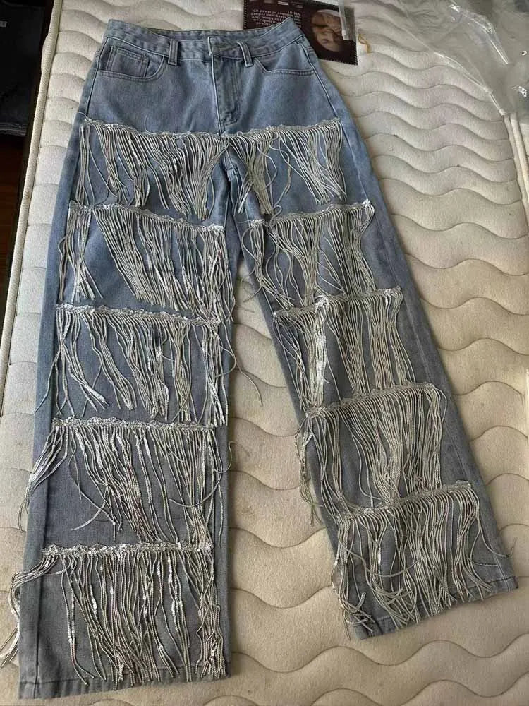 BKQU Fashion Sequined Tassel Jeans Women's 2025 New High Waist Straight Denim Pants Streetwear Hip Hop Blue Shiny Jeans Trousers
