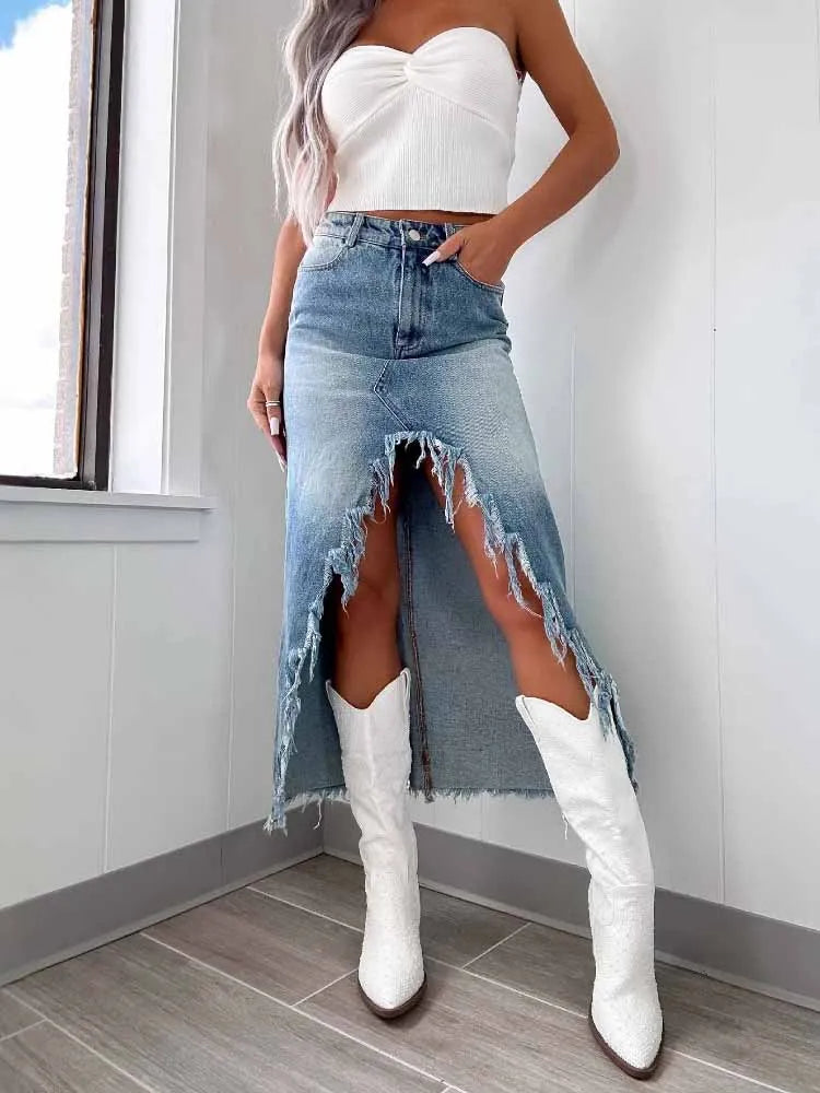 BKQU Irregular Tassels Denim Skirt Women Y2k High Waist Sexy Split Long Skirts 2025 Vintage Streetwear Female Jean Maxi Skirts