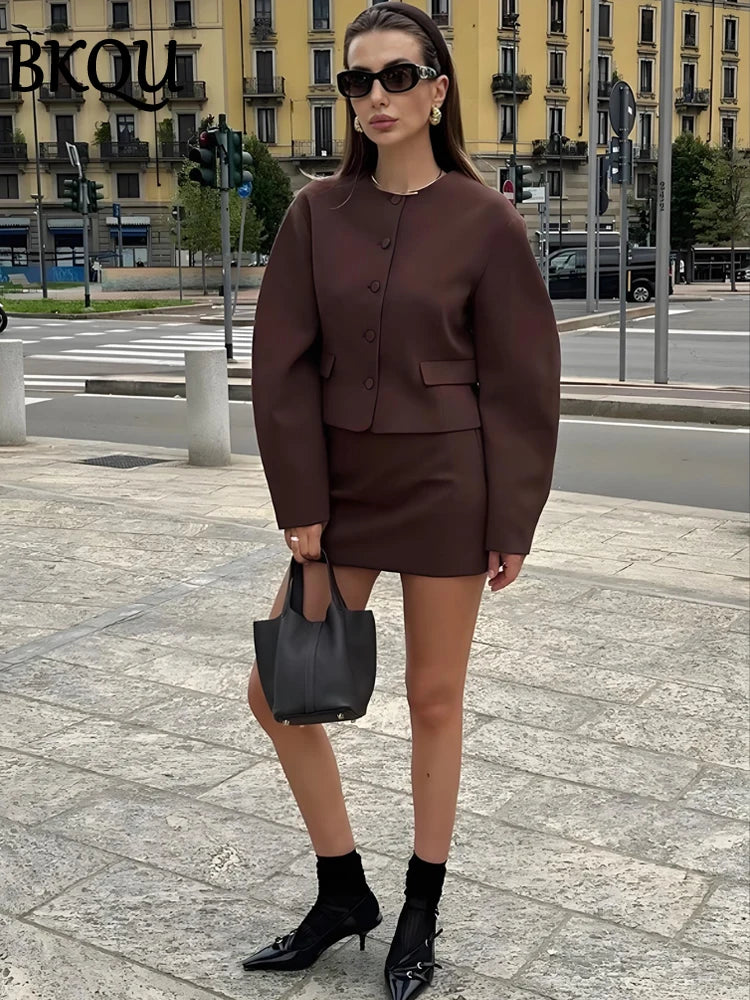 BKQU Fashion Mini Skirt Sets Women Long Sleeve Single-breasted Short Jacket Slim High Waist Skirt 2 Pieces Female Street Outfits
