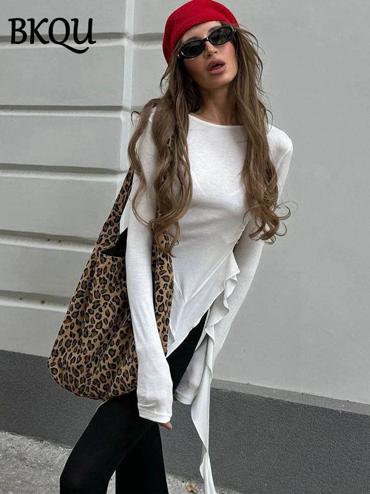 BKQU Ruffles Long Sleeve T-shirt Women Y2K Streetwear Fashion Slim O-neck Crop Tops Elegant Ruched Basic Tees Shirt Autumn 2024