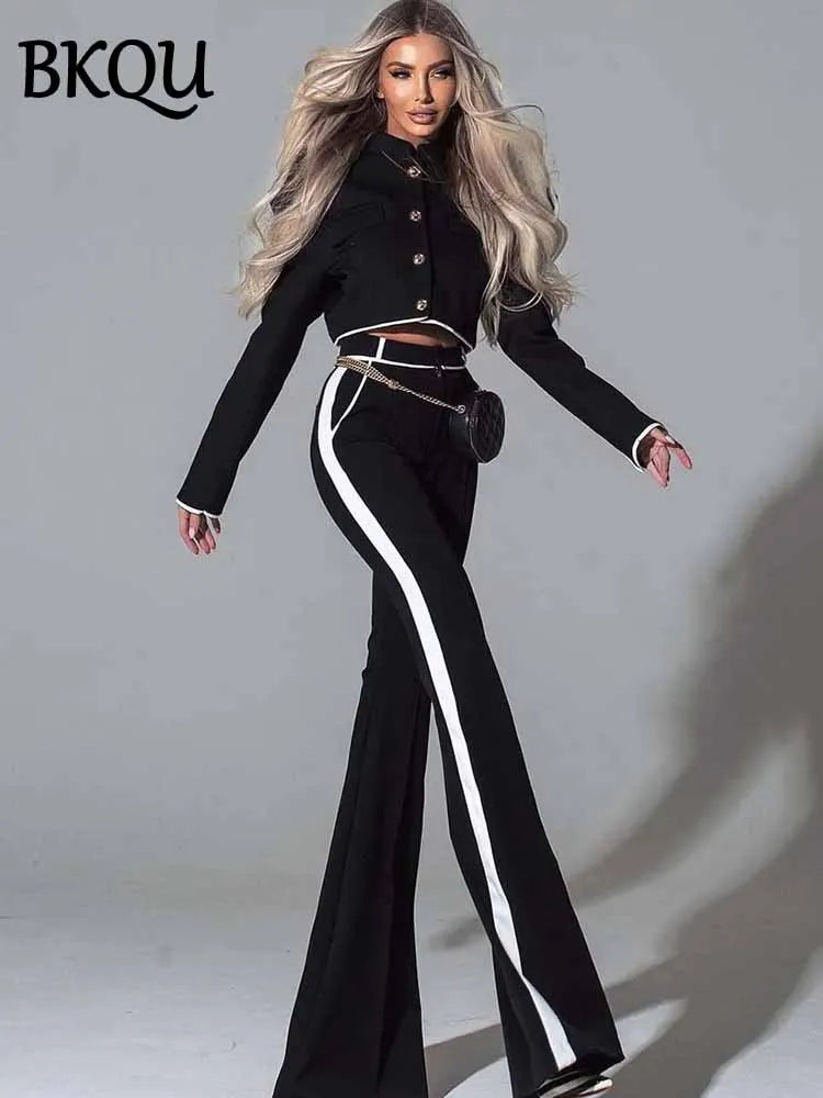BKQU Fashion Metal Button Crop Jacket Patchwork High Waist Flare Pants Two Piece Set Women 2025 Temperament Elegant Party Outfit
