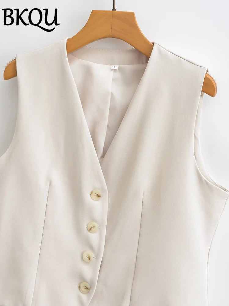 BKQU Linen Cotton Waistcoat ＆ Pants Set Women Single Breasted Sleeveless Vest and Wide Leg Pants Office Lady Casual 2 Pieces Set