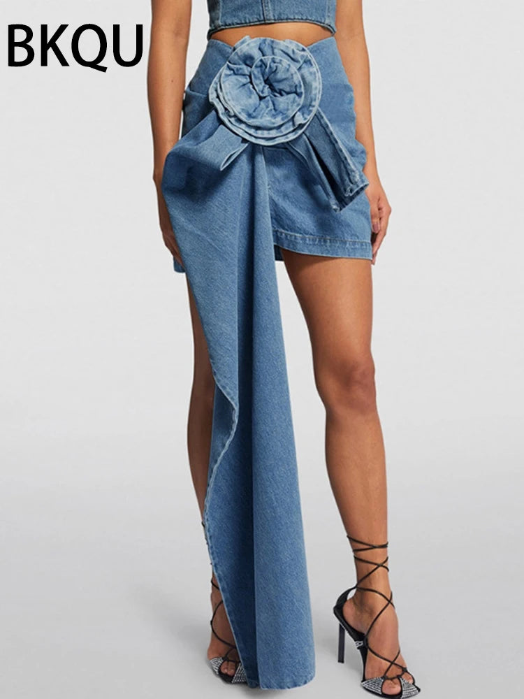 BKQU Denim Skirts Women Streetwear High Waist Three-dimensional Flower Design Blue Mini Skirts 2024 Summer Asymmetric Hip Skirt