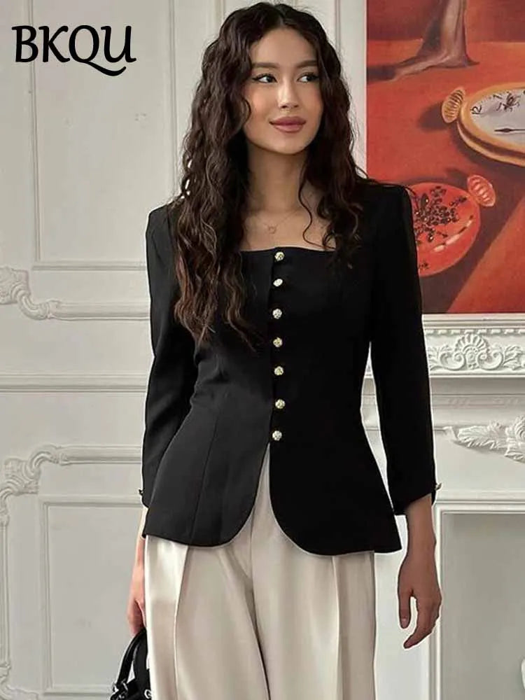 BKQU Elegant Square Neck Button Shirts Women Long Sleeve Classic Solid Crop Top Spring 2025 Female Cardigan Slim Commute Outwear