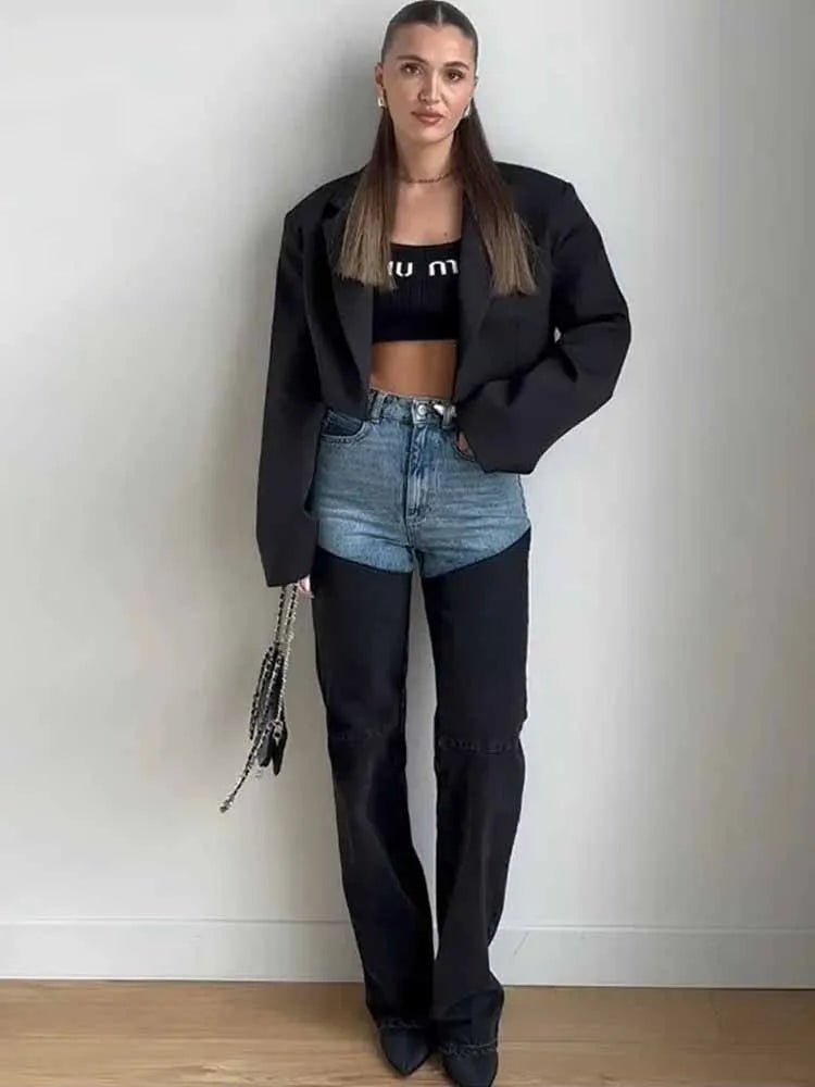 BKQU Contrast Patchwork Straight Jeans Women Vintage High Waist Washed Pocket Denim Trousers 2025 Spring Fashion Lady Streetwear