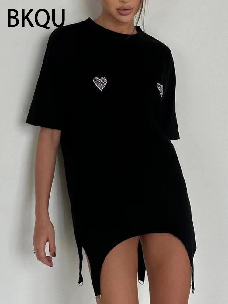 BKQU Women T-Shirts Oversized Short Sleeve Rhinestone Tees Pullovers Fashion Irregular O-Neck Diamond Loose T Shirt Harajuku Top