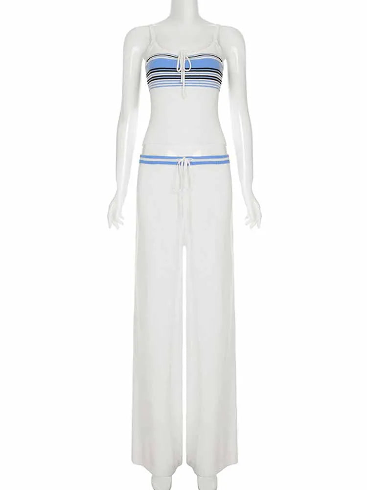 BKQU Summer Knit Lace-Up Pants Suit Women Contrast Slim Y2k Sleeveless Tank Tops+Drawstring Waist Straight Trousers Lady Outfits