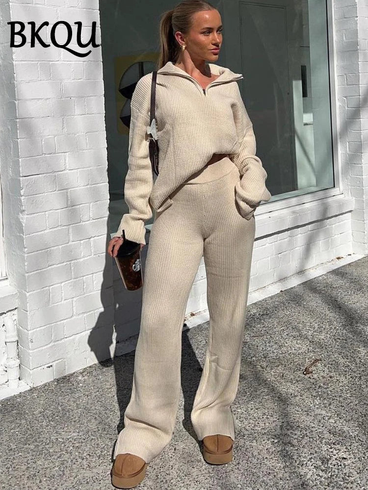 BKQU Knitted Two Piece Pants Set Women Zipper Turtleneck Sweater and Elastic Waist Straight Wide Leg Pants Suit 2024 Fall Winter