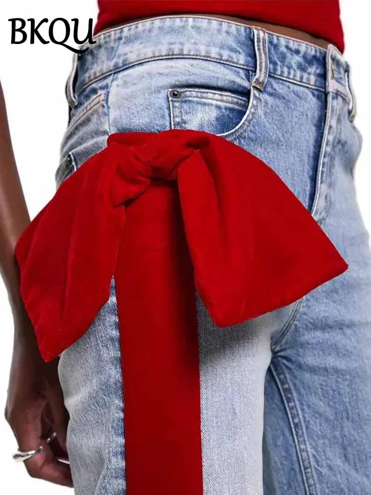 BKQU Splicing Jeans Women Fashion Contrast Side Bow Loose High Waist Straight Denim Pants 2025 Spring Temperament Street Jeans