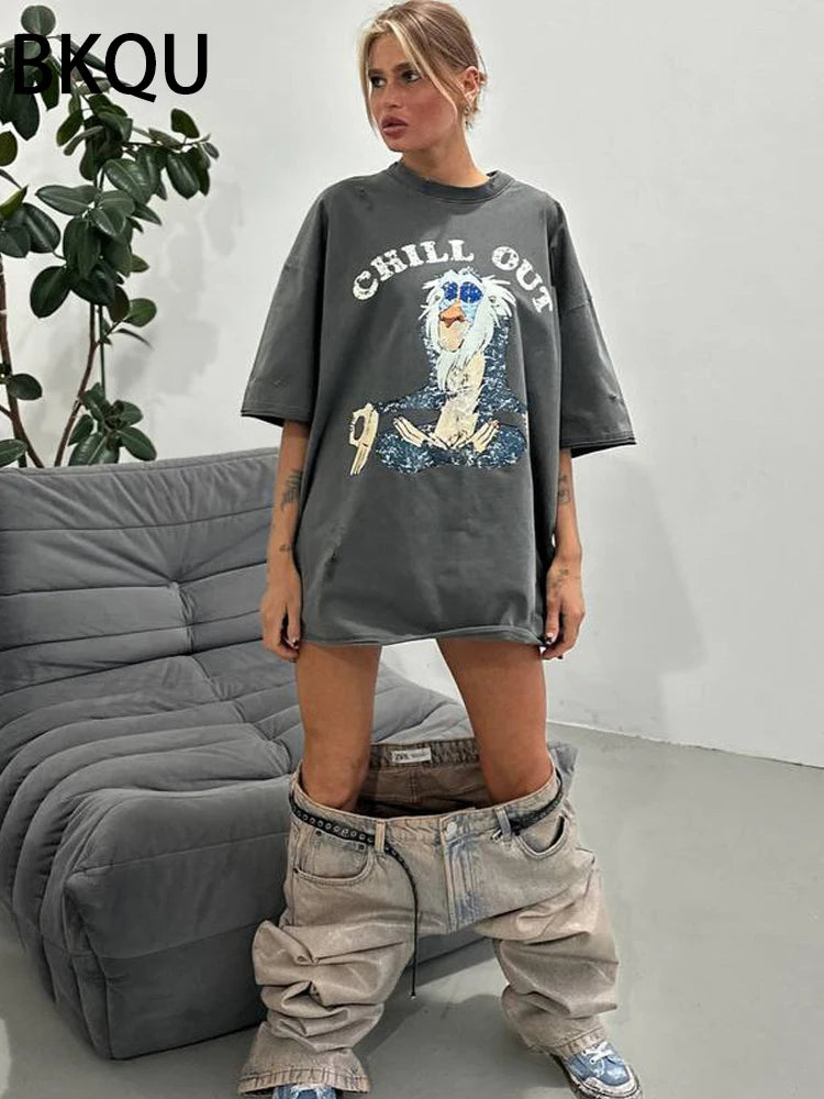 BKQU Cartoon Graphic Printed T Shirt Women Ripped Half Sleeve O-neck Tee Shirts Letter Loose Oversized y2k Pullovers Streetwear