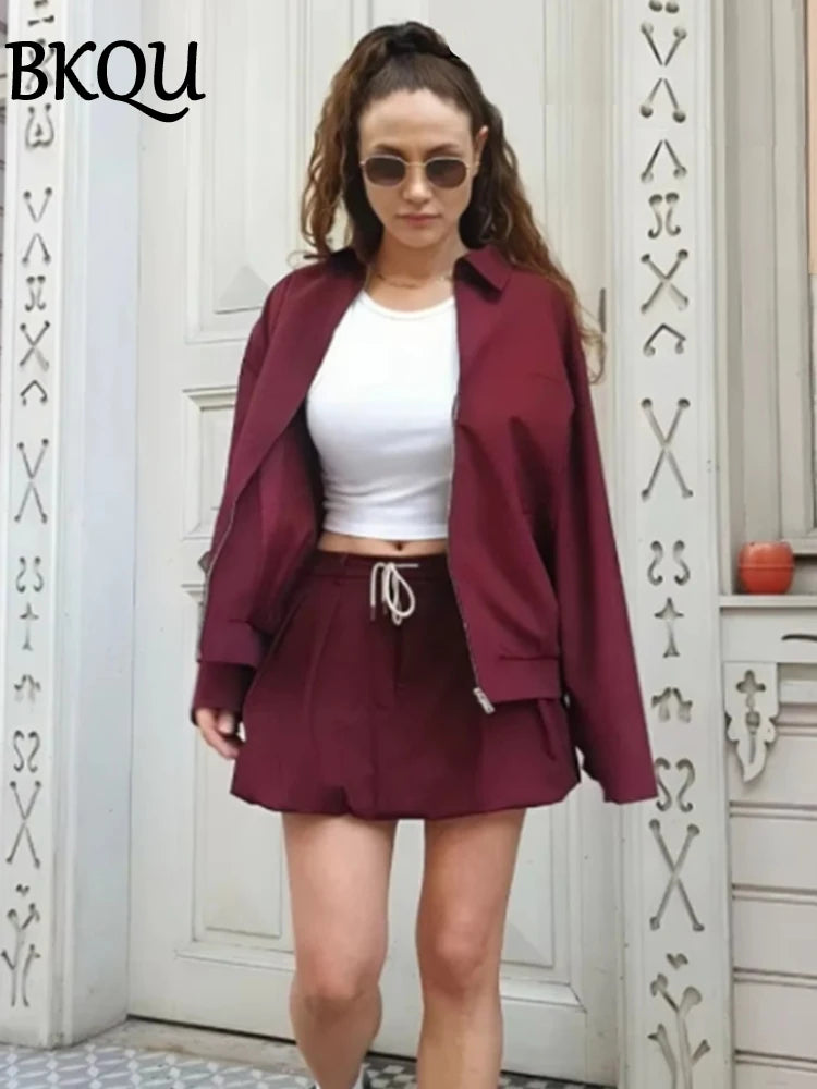 BKQU Fashion Two Piece Sets Women Long Sleeves Zipper Jackets and Tied Lantern Mini Skirt Wine Red Casual Street 2 Piece Outfits