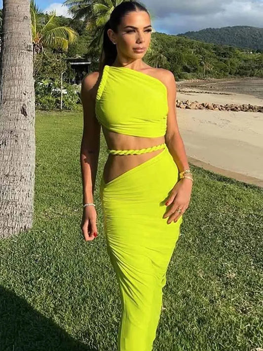 BKQU Elegant Ruched 2 Piece Set Women Irregular Skew Collar Backless Crop Tops+Hollow Out Maxi Skirt Sexy Matching Vacation Suit