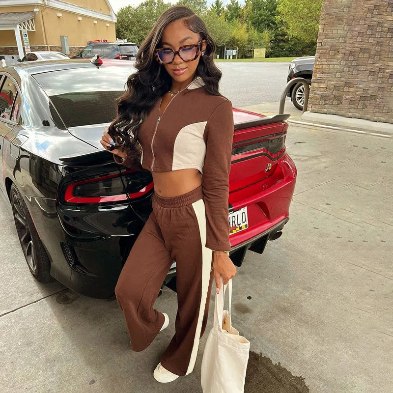 BKQU Patchwork Women Tracksuits Casual 2 Piece Set Long Sleeve Zip-up Jackets Crop Top + High Waist Jogger Pants Street Outfits