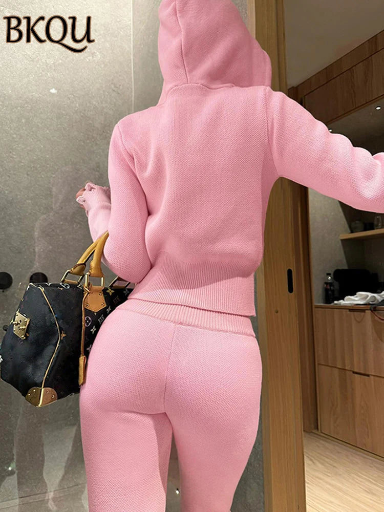 BKQU Solid Tracksuit Women Knitted 2 Piece Sets Casual Hooded Zip Jacket+Drawstring Pants Sporty Matching Streetwear Outfit 2024