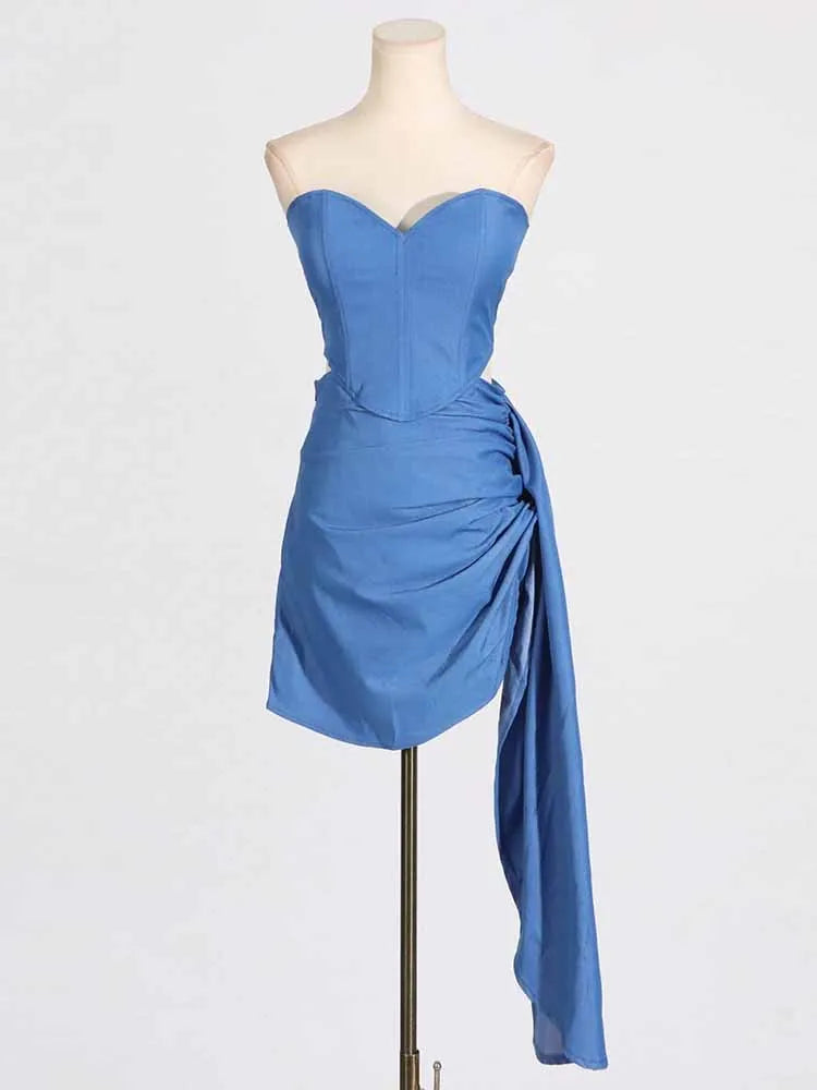 BKQU 2025 Fashion Two Piece Set Women Strapless Zipper Corset Tank Top High Waist Pleated Asymmetrical Skirt Female Sexy Outfits