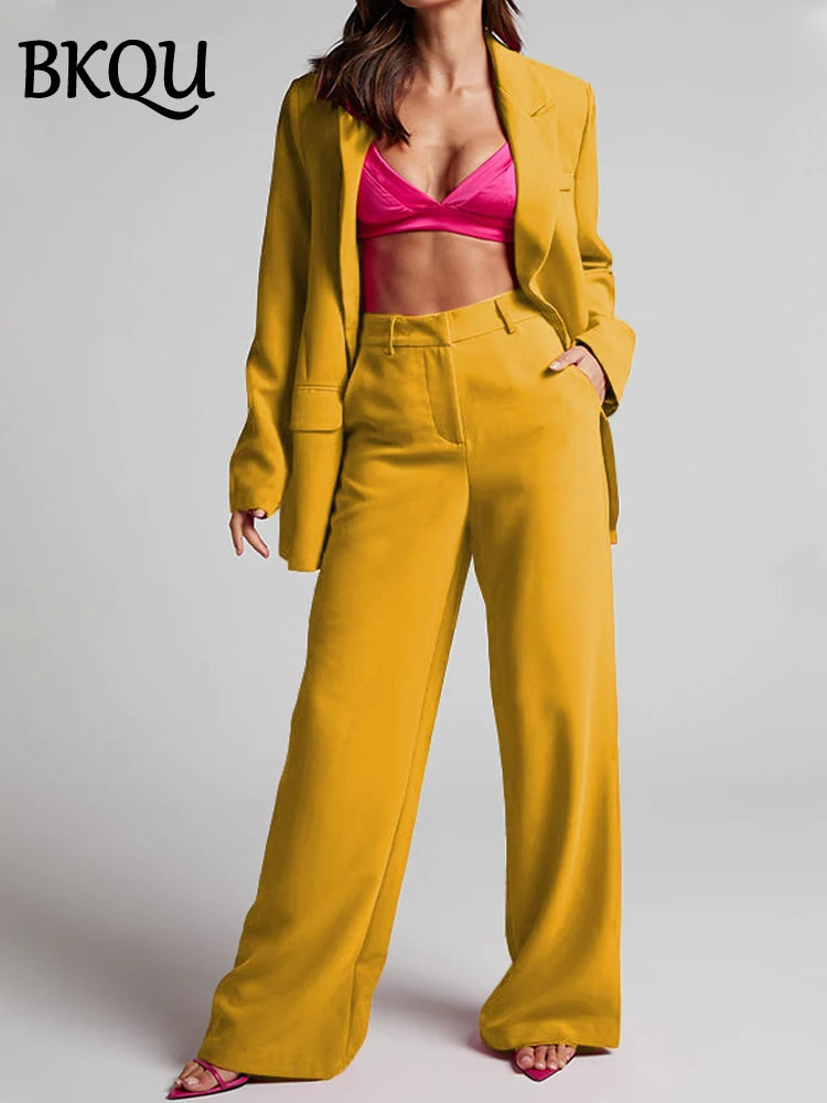 BKQU Fashion Blazer Pants Two Piece Set Women Commuting Outfit  Solid Notched Collar Jacket Wide Leg Trousers Elegant Party Suit