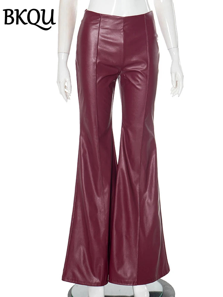 BKQU Leather Flare Pants Women's High Waist Fashion Y2K Streetwear Solid Zipper Classic Female Casual Vocation Leather Trousers