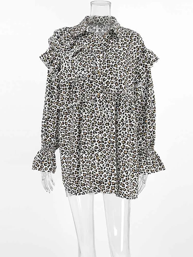 BKQU Leopard Women Ruffled Blouse 2025 Elegant Long Sleeve Turn Down Collar Button Shirts Female Cotton Linen Loose Mini Dress