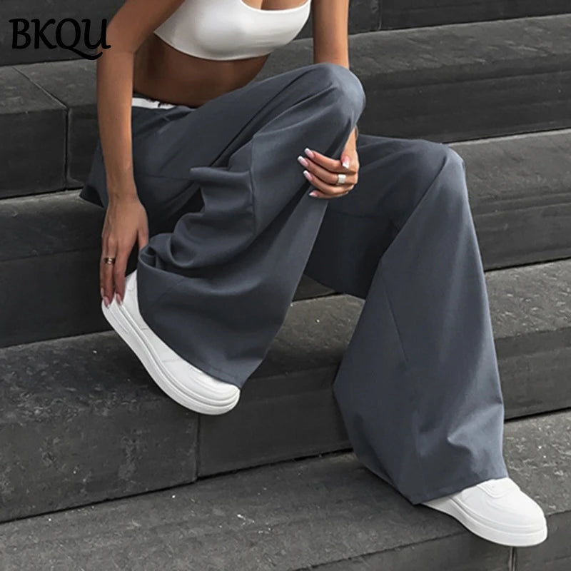 BKQU Gray Baggy Suit Pants Woman Lace Patchwork Korean Fashion Office Ladies Wide Leg Trousers 2024 Streetwear Oversized Slacks