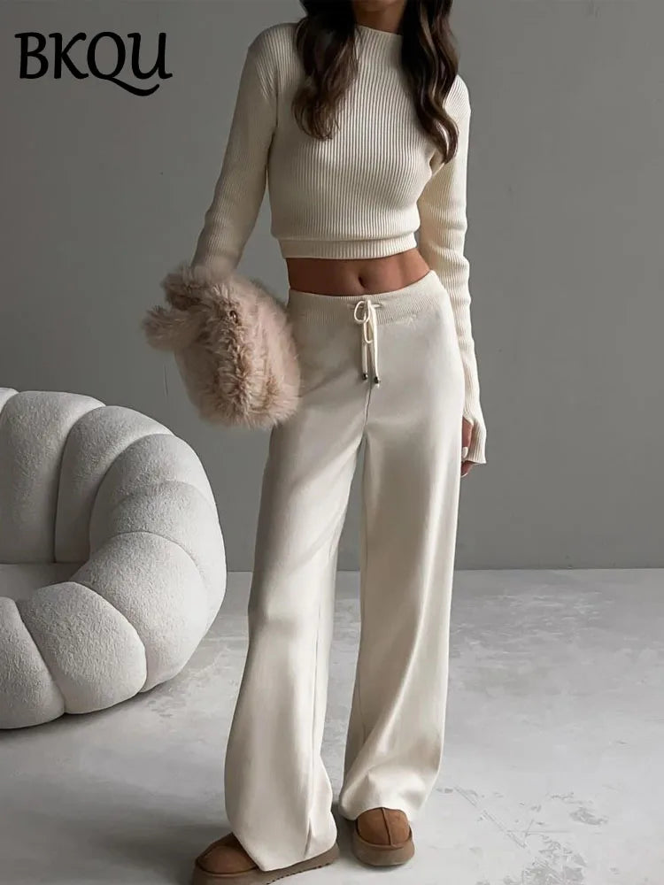 BKQU Knitted Pants Sets Women 2 Piece Set Turtleneck Long Sleeve Sweater Wide Leg Trouser Female Autumn Winter Casual Warm Suits