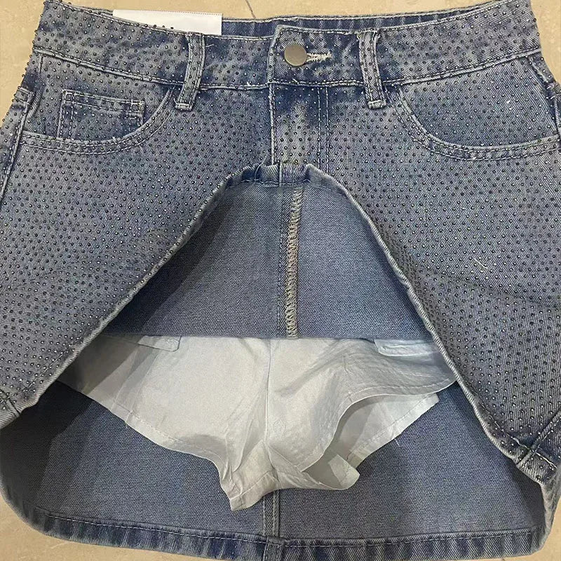 BKQU 2025 New Rhinestone Denim Mini Skirts Women Fashion Party Club Diamonds High Waist Jean Skirt Y2K Aesthetic Korean Bottoms