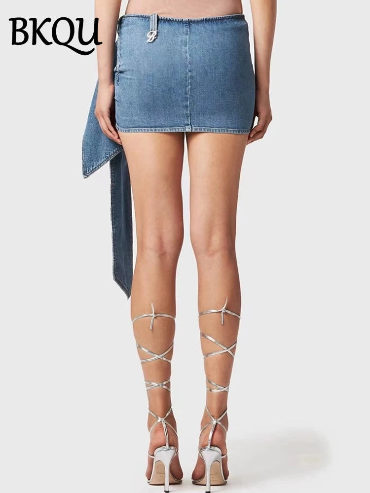 BKQU Women's Micro Skirts Summer Bow Design High Waist Denim Mini Skirts 2024 Sexy Party Nightclub A-line Wrap Penceil Skirt