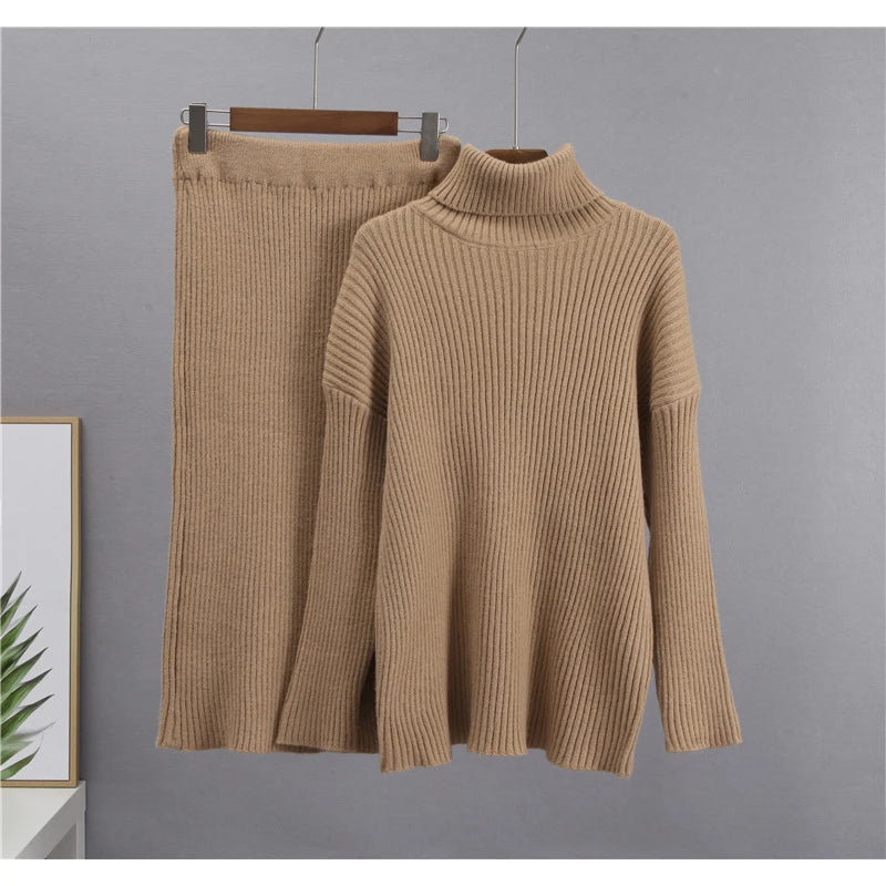 BKQU Turtleneck Sweater Elegant Knitted Skirt Suit Women Autumn Winter Soft Loose Pullover Elastic Slim Midi Skirt Two Piece Set