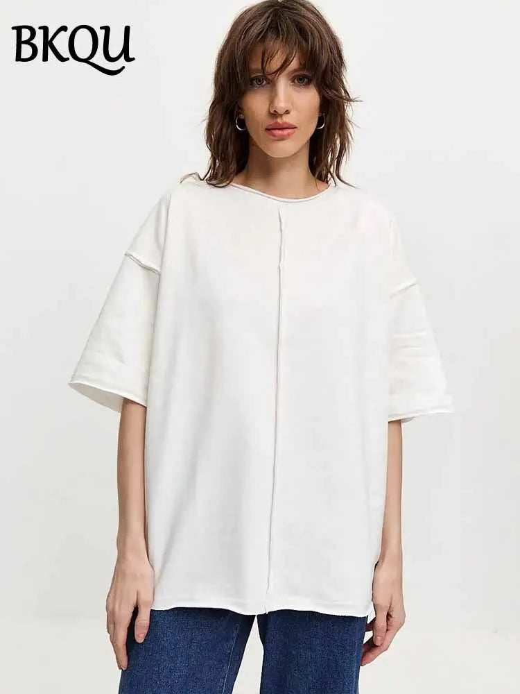 BKQU Summer Loose Short Sleeve T-Shirt Women Casual Solid O-neck 100% Cotton Tees 2025 New Simple Versatile T-shirt Streetwear
