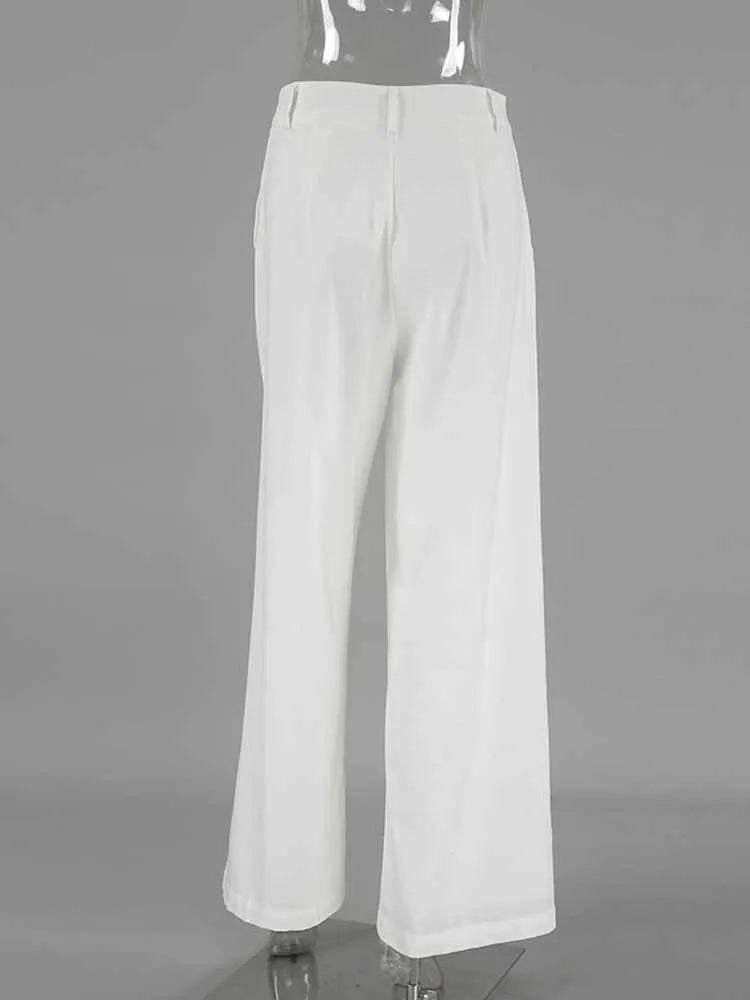 BKQU Casual High Waist Wide Leg Pants Women White Cotton Linen Pocket Straight Trousers 2025 Spring Summer Fashion Streetwear