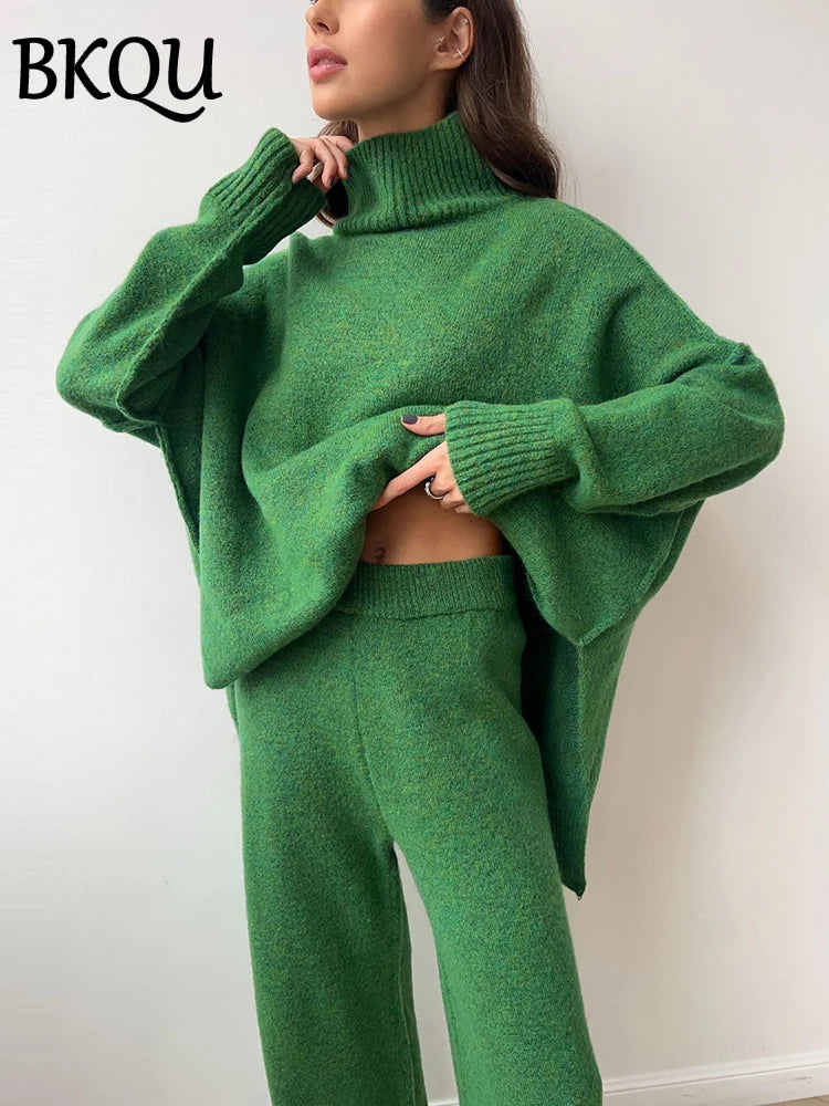 BKQU Knitted 2 Piece Sets Women Turtleneck Sweater and Wide Leg Pants Outfits Autumn Winter Casual Office Ladies Homewear 2024
