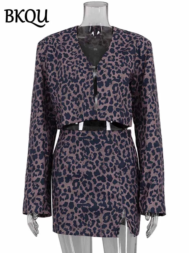 BKQU 2 Pieces Fashion Leopard Print Skirts Sets Women Long Sleeve Crop Jacket And High Waist Side Slit Mini Skirts Outfits 2025
