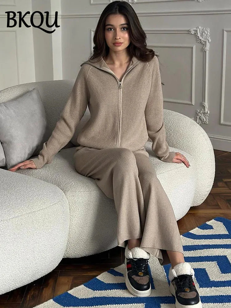 BKQU Sweater Cardigan Pants 2 Pieces Sets Women Casual Solid Zipper Jackets Wide Leg Trousers Autumn Winter Knitted Tracksuit