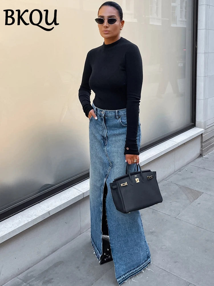 BKQU Split Denim Skirts For Women 2024 Autumn Blue High Waist Wrap Hips Office Lady Long Skirt Elegant Streetwear Wholesale
