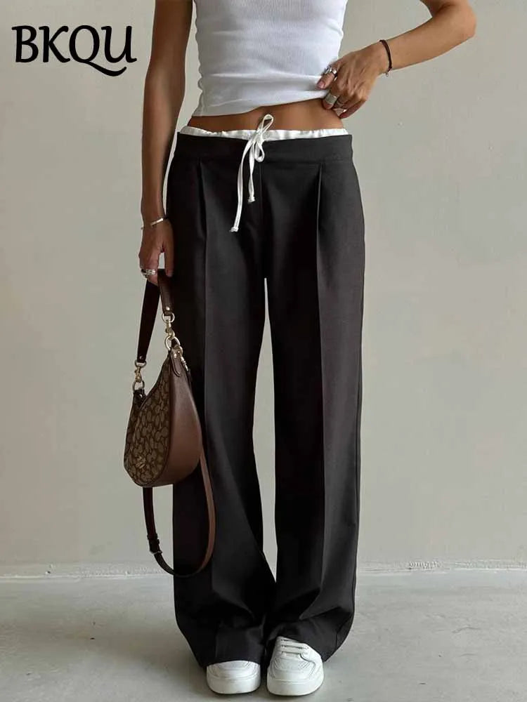 BKQU 2025 Woman Casual Pants Fake Two Piece Lace Up Loose Wide Leg Trousers Fashion High Waist Commuter Office Lady Suit Pants