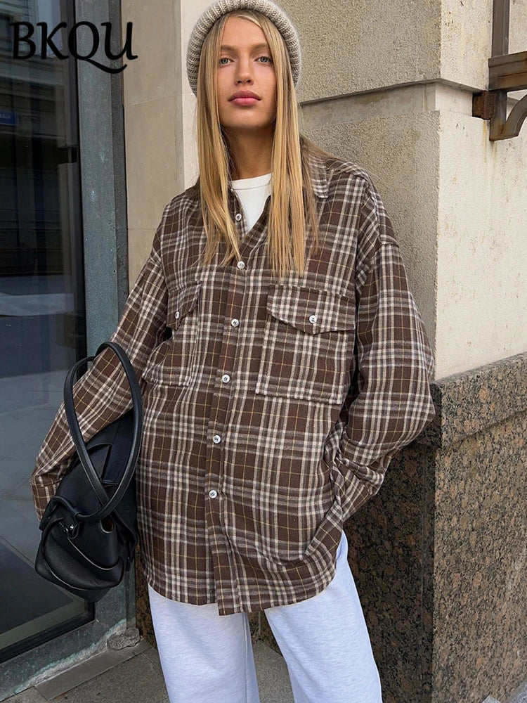 BKQU Plaid Single-breasted Loose Blouse Women Pocket Long Sleeve lapel Shirts 2024 New Korean Style Casual Mid-length Tops