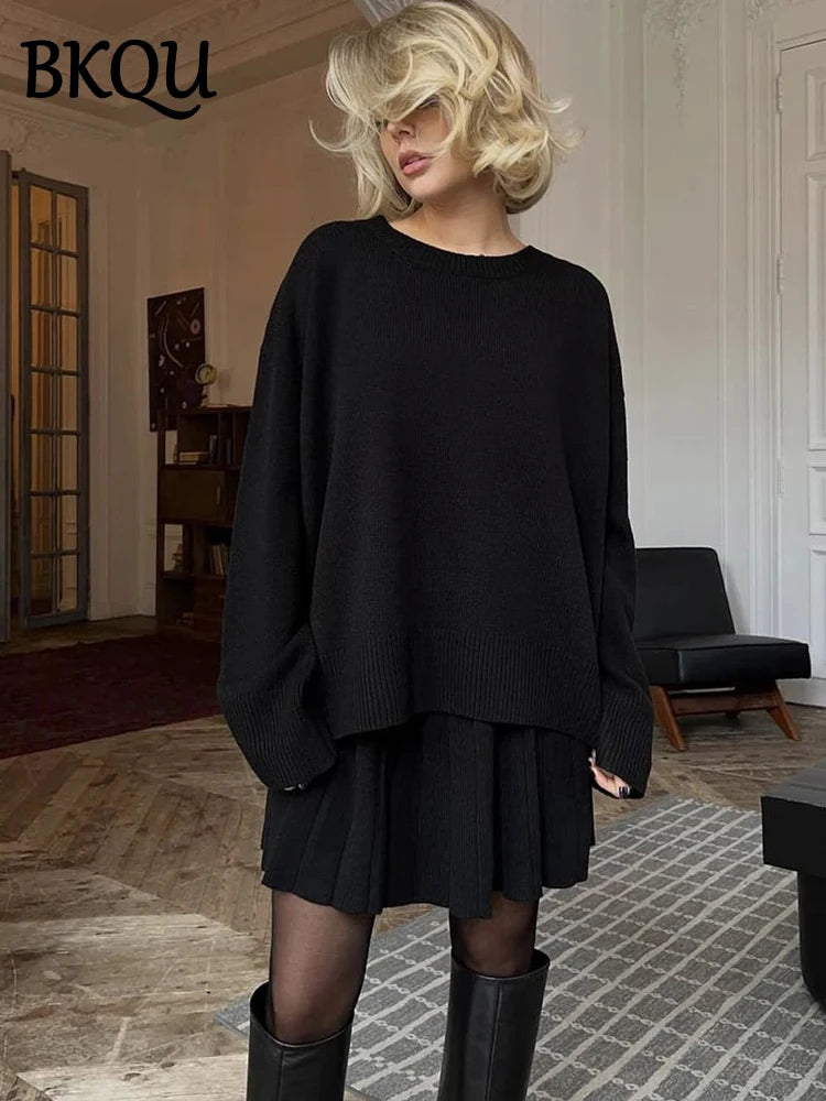 BKQU Ladies Autumn Winter Skirts Suit Knitted Loose O-Neck Pullover Sweater Women Elegant A-Line Pleated Mini Skirt 2 Piece Sets