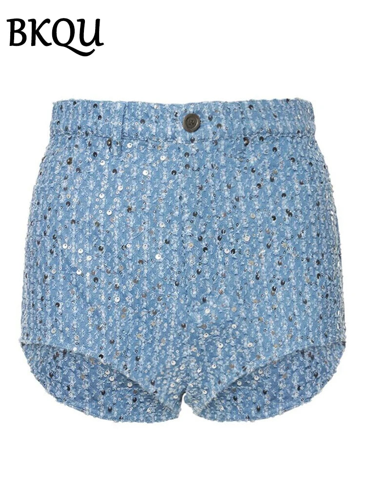 BKQU Sequins Denim Jacket and Pants 2 Piece Sets Women 2024 Autumn Winter Lapel Short Coats + Wide Leg Jeans Party Club Outfits