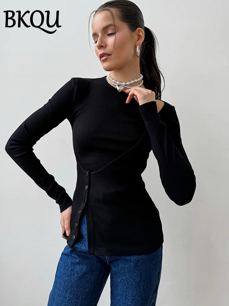 BKQU Sexy Hollow Out T Shirt Woman Black Long Sleeve Ribbed Tee Tops Autumn Casual Slim O Neck Button Streetwear T-shirt 2024