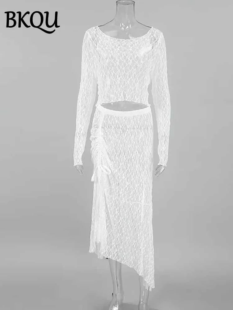 BKQU See-Through Cover Up Dress 2 Piece Set Women Summer Lace Mesh Sexy Long Sleeve Crop Tops Drawstring Midi Skirt Outfits 2025