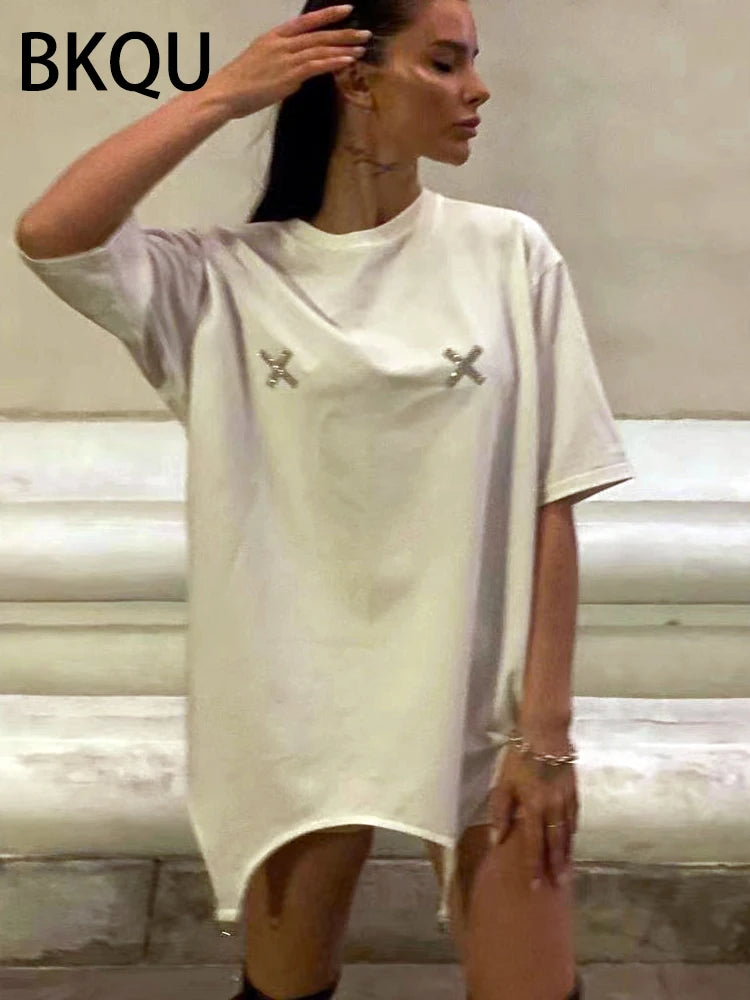 BKQU Solid Black Oversized T shirts Women 2000s American Rhinestone Letter Short Sleeve Loose Tees Shirt Luxury Higt Street Tops