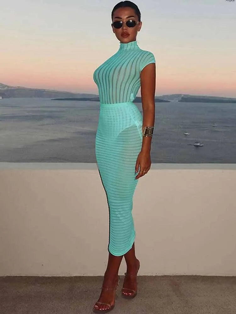 BKQU Stripe Women Sexy Matching 2 Piece Set Summer Short Sleeve Bodysuit Tops Elegant Slim Long Skirt See Through Vacation Suits