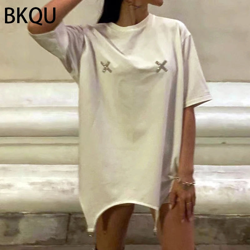 BKQU Rhinestone Loose T shirts for Women 2024 Harajuku Goth Graphic Short Sleeve O-neck Hot Diamonds Female Tees Pullovers Retro